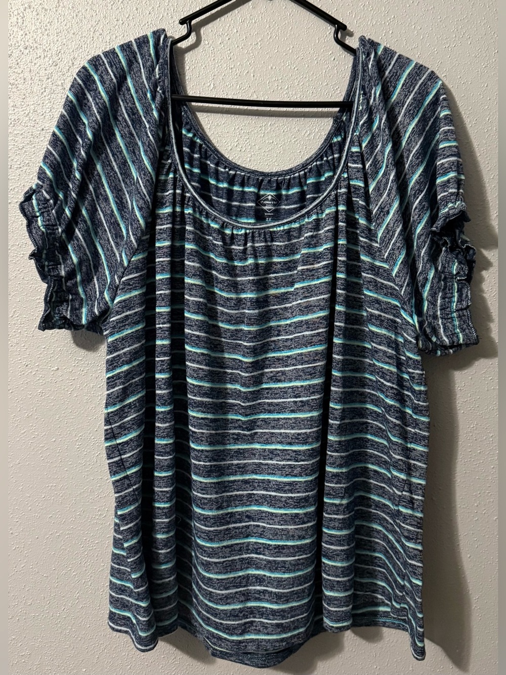 Striped Short Sleeve Scoop Neck Top in Navy and Teal